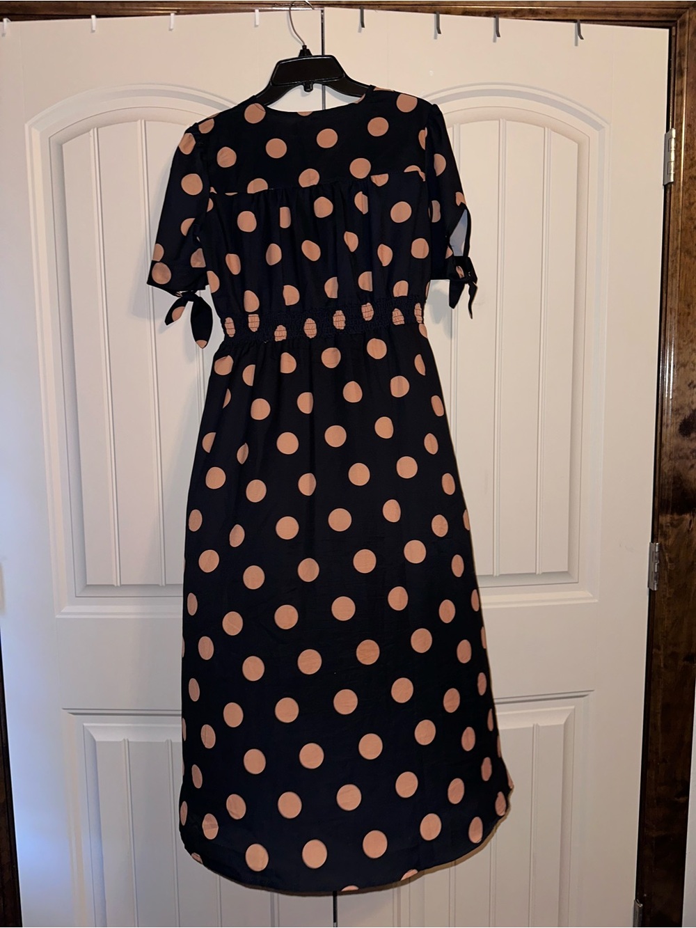 Polka Dot Tie-Sleeve V-Neck Midi Dress - Black with Brown Dots - Picture 3 of 6